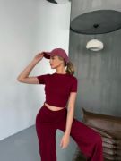 Osy Modal Yumuşak Dokulu Kumaş Kısa Kollu Crop Rahat Pantalon Ikili Takım - Bordo resmi